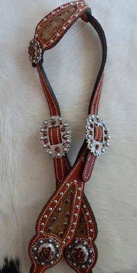 Bling Single ear headstall. Herman Oak leather, Light brindle hair-on inlay, Smoke Topaz Swarovskis, Antique Silver hardware and silver spots .