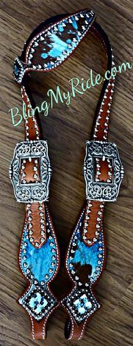 Turquoise acid wash single ear headstall with Swarovskis and silver spots.