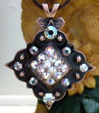 bling concho necklace. Square bronze berry w/ Crystal Ab Swarovskis on a brown 18" cord necklace.