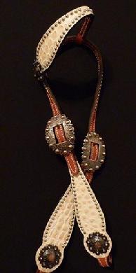 Chesnut oil Single ear headstall w/ Bone Croc overlay, outlined with silver spots and Antique Bronze Hardware. A perfect combo!