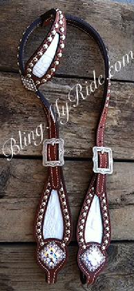 White croc. inlay bling single ear headstall with Swarovski crystals.