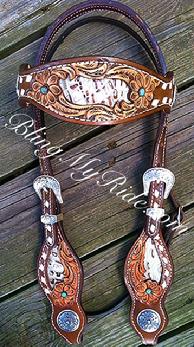 Hand tooled, buckstitched, inlaid browband headstall.
