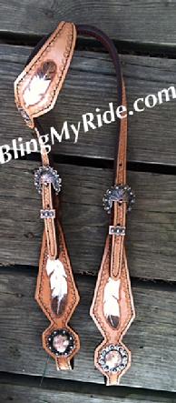 Hand tooled Feather headstall.