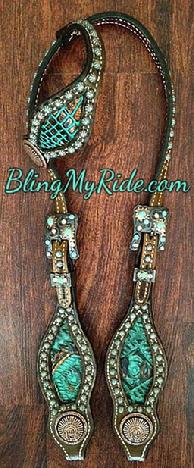 Copper/teal antique croc. inlay single ear headstall with Patina'd spot and indian chief conchos with a touch of Swarovskis and sleeping beauty turquoise.