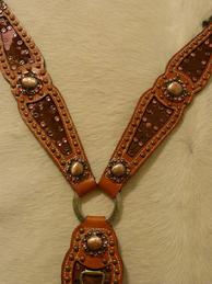 Pink acid wash inlay breast collar.  Chestnut oil Herman Oak leather, Pink Acid wash hair-on inlays, accented perfectly w/ Ant. Bronze hardware, Antique Bronze fancy spots and Rose and Smoke Topaz Swarovskis. As usual...MUST see in person!