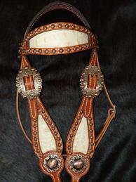 Bling Pony Headstall. Chestnut oil Herman Oak inlay browband hs for a pony. Bone croc inlay and Bronze hardware.