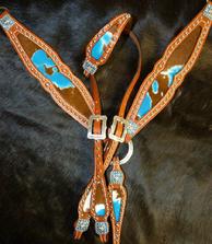 Bling Pony tack. Bling Pony set.  Herman Oak leather, Turq Acid wash hair-on inlays, Texas star hardware, Aquamarine Swarovskis and Fancy cart buckles.