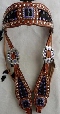 Bling headstall. Black hair-on inlay browband headstall w/ Heliotrope and Jet Swarovskis.