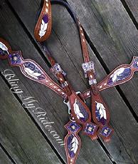 Hand tooled, feather bling tack set in purple.
