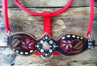 Hand tooled, buckstitched and painted halter/noseband. red.