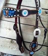 Buckstitch, hand tooled, painted bling browband headstall.