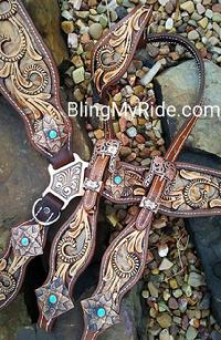 GORGEOUS hand tooled tack set with copper floral inlays and copper hardware with turq. accents.