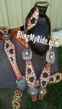 Hand tooled Sunflower set with buckstitch and daisey hardware.