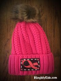 Hot pink CC Beanie with hand tooled and painted breast cancer awareness patch with buckstitch and Pink Swarovskis.