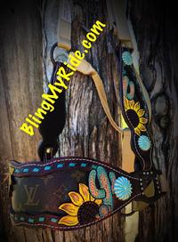 Hand tooled and painted sunflower and cactus custom bling halter with LV inlays and turquoise pinwheel conchos.