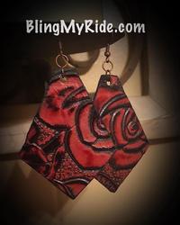 Antique Red Rose embossed leather western dangle earrings.