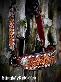 Hand tooled sunflower bling halter with copper and turquoise hardware.