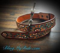 Hand tooled and painted sunflower western style belt with crystal bling.
