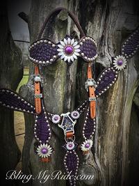 Purple embossed gator overlay bling tack set with Purple centered daisy Conchos and Swarovski bling