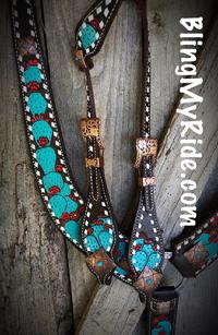 Hand tooled, painted, buckstitched  cactus pulling collar and single ear headstall.