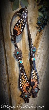 Hand tooled and painted sunflower headstall with cheetah inlay and buckstitch.