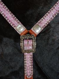 Belt style breastcollar. Fuschia pink croc. overlay. Texas star hardware.