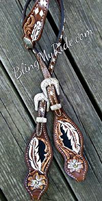 Hand tooled, painted and buckstitched headstall with black stingray inlays.