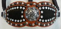 Bling Inlay Bronc Halter. Herman Oak  chestnut oil,  Black hair-on inlay halter. Black and Silver spots and Black Horse Shoe brand Black filligree hardware with Clear Crystal Swarovskis.