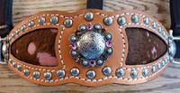 bling bronc halter. Herman Oak, Pink Acid wash hair on inlays, Antique silver hardware, Fancy spots, and rose and Smoke topaz Swarovskis.