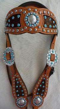 Inlay style browband bling headstall.Herman Oak chestnut oil leather, Dark Brindle hair-on inlay, Turquoise Swarovskis, Fancy Antique Silver spots and antique silver berry hardware.