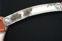 Chestnut oil 2" Breast Collar w/ Grey/White hair-on-hide, A double row of silver dots, and antique silver hardware. The dots on the center chest piece go all the way down for a great look. Must See