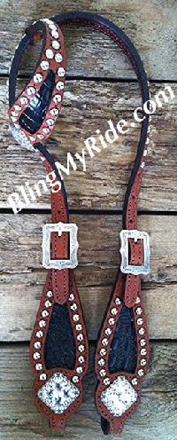 Black inlay croc. bling single ear headstall with Swaorovski crystals.