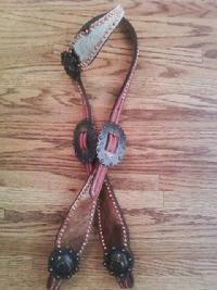 Chestnut oil one ear headstall , Dark Brindle w/ some white and Copper dots, Copper pistol conchos and Buckles.