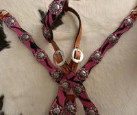 Bling Pony Set. Scallop pony set w/ barrel racer conchos and Fuschia Swarovskis. Herman oak leather.