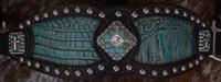 Bling inlay halter. Black leather noseband, Antique Turquoise croc inlay. Fancy engraved ant. silver spots, and sleeping beauty turquoise.
