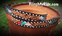 Feathers ad scroll hand tooled and painted western belt with buckstitch.
