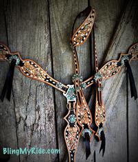 Hand tooled, painted and buckstitched tack set with tassels and sleeping beauty turquoise accents.