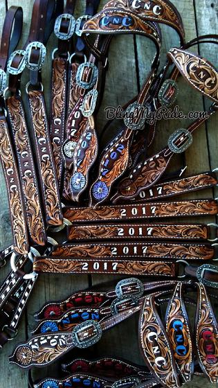 Hand tooled and painted award tack sets.