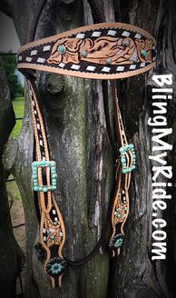 Hand tooled floral browband headstall w/ white buckstitch, Sleeping beauty turquoise and silver daisy hardware.