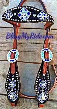 Black croc. bling browband headstall with blue Swarovskis and silver spots.