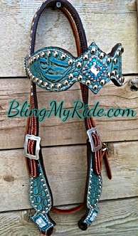 Antique turquoise croc. bling browband headstall.