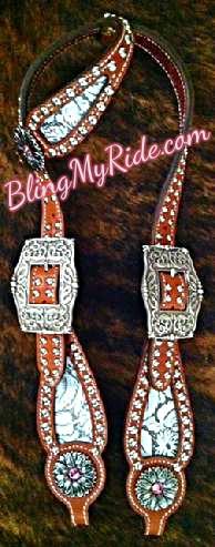 Floral embossed inlay single ear headstall, outlined in silver spots, ant. silver daisy conchos and pink Swarovskis
