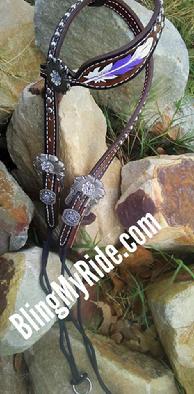 Hand tooled purple and white feather bling draw gag headstall.