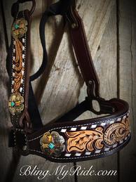 Hand tooled and buckstitched bronc style halter with upgraded conchos.