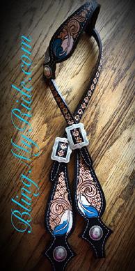 Geometric, feather n scroll hand tooled single ear headstall. Turquoise feather tips, w/ white.