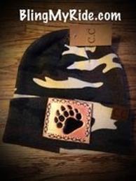 Traditional camo custom CC Beanie with rose gold/black hand tooled bear paw patch.