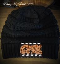 Black CC Beanie with traditional tooled and backstitched patch.