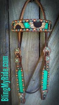 Hand tooled sunflower browband headstall with real turq. Caiman gator inlays, patina'd spots, Sleeping beauty turqiouse and Crystal AB Swarovskis.