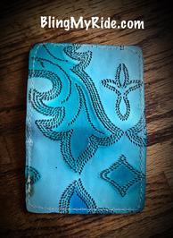Turquoise boot top embossed leather credit card/ID holder.