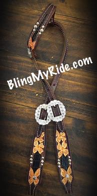 Rose gold floral hand tooled single ear headstall with black croc inlays. Antique silver buckles, concho, silver spots.